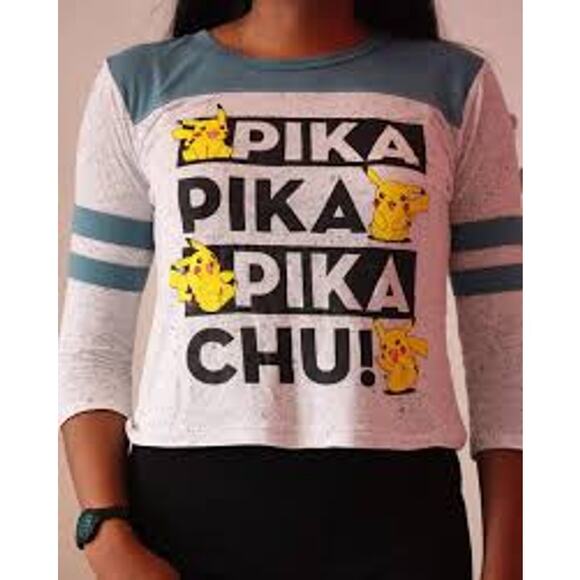 Pokémon Womens Tee T-Shirt 3/4 Sleeve Striped Colorblock Pikachu Sz XS - Picture 1 of 5
